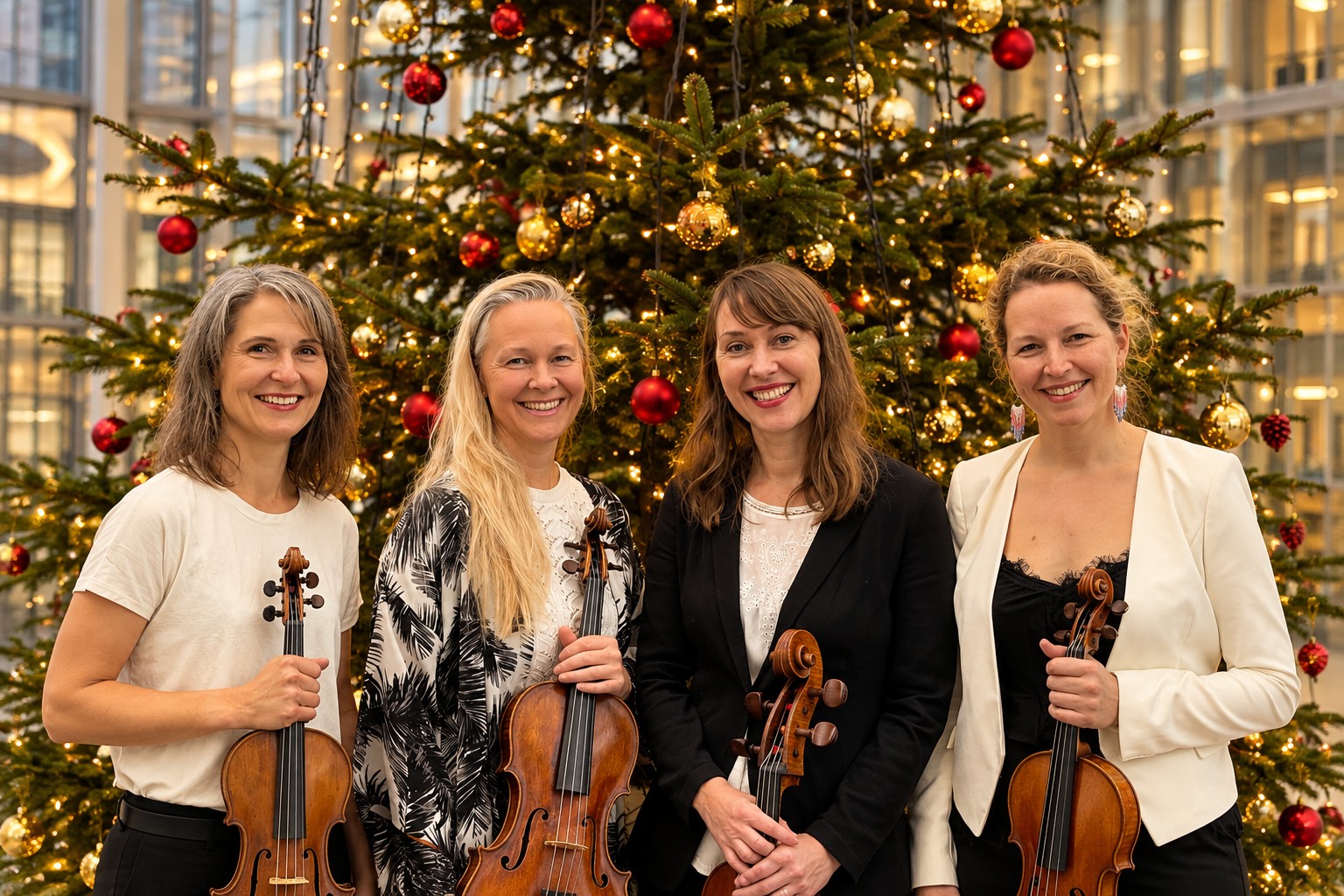 Quartet Lumi med strygeinstrumenter foran juletræ